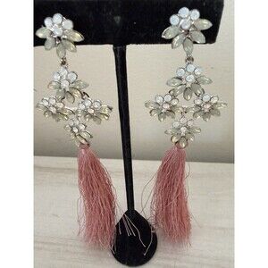Tassel Drop Dangle Chandelier Earrings 5” inch Pink Rhinestone Pageant Prom